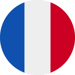 A circular icon of the French flag, featuring three vertical stripes in blue, white, and red from left to right.